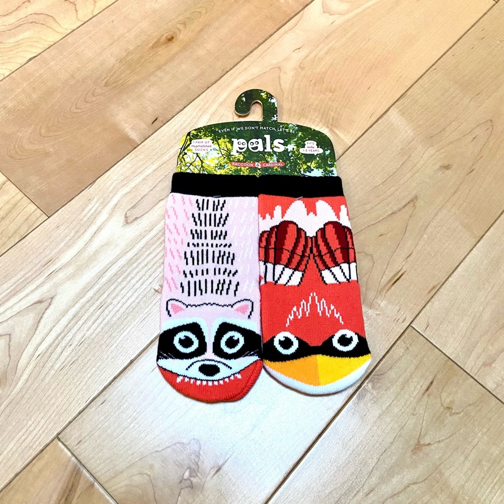 Pals foot friend socks - raccoon and cardinal - mismatched nonskid kids toddlers